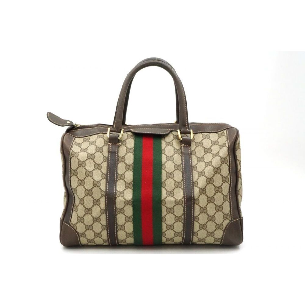 Gucci Boston Handbag Tote GG Plus Sherry Leather Brown